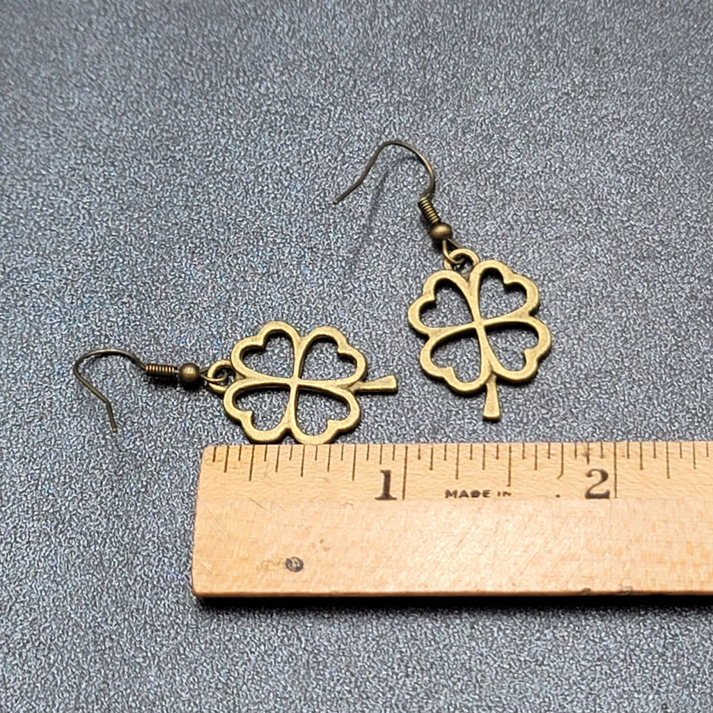 New 4 Leaf Clover Pierced Earrings Lucky Shamrock Bronze tone Dangle 1"