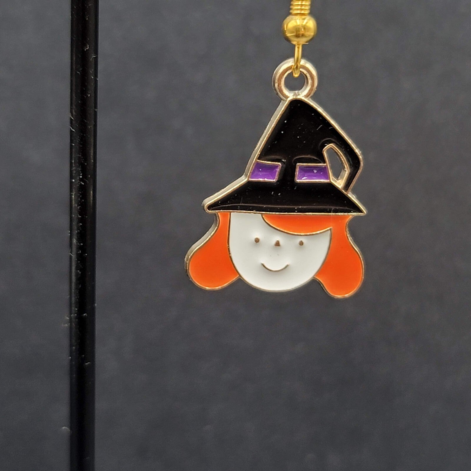 Cute Witch Halloween Pierced Earrings Gold tone Enamel Dangle 1"