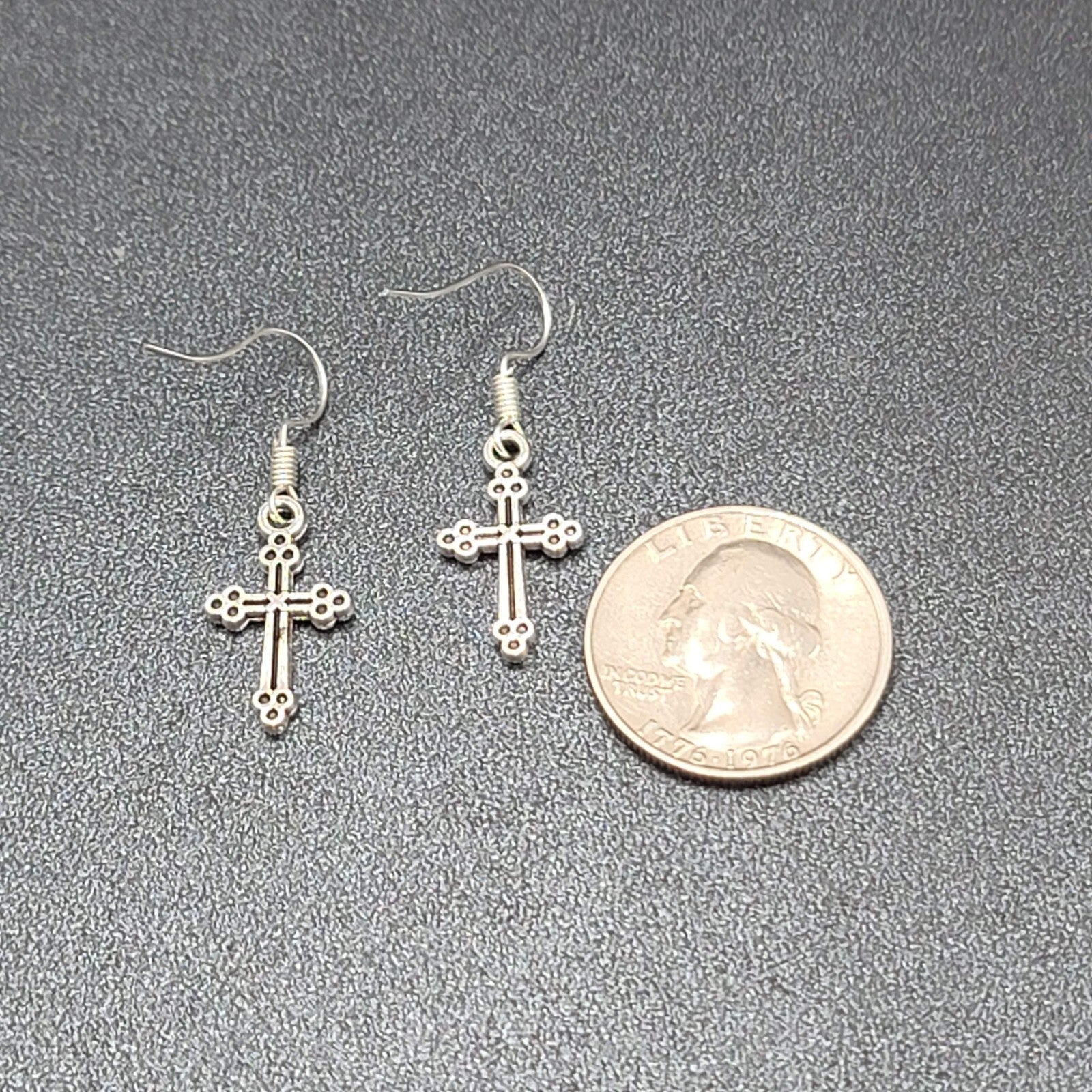 Pierced Earrings Cross Silver tone Dangle 7/8"