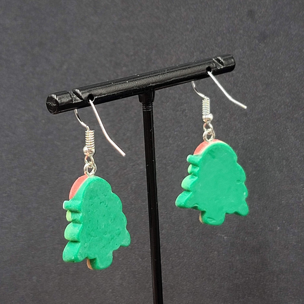 Christmas Tree Pierced Earrings Puffy 3D Dangle 1 1/8"
