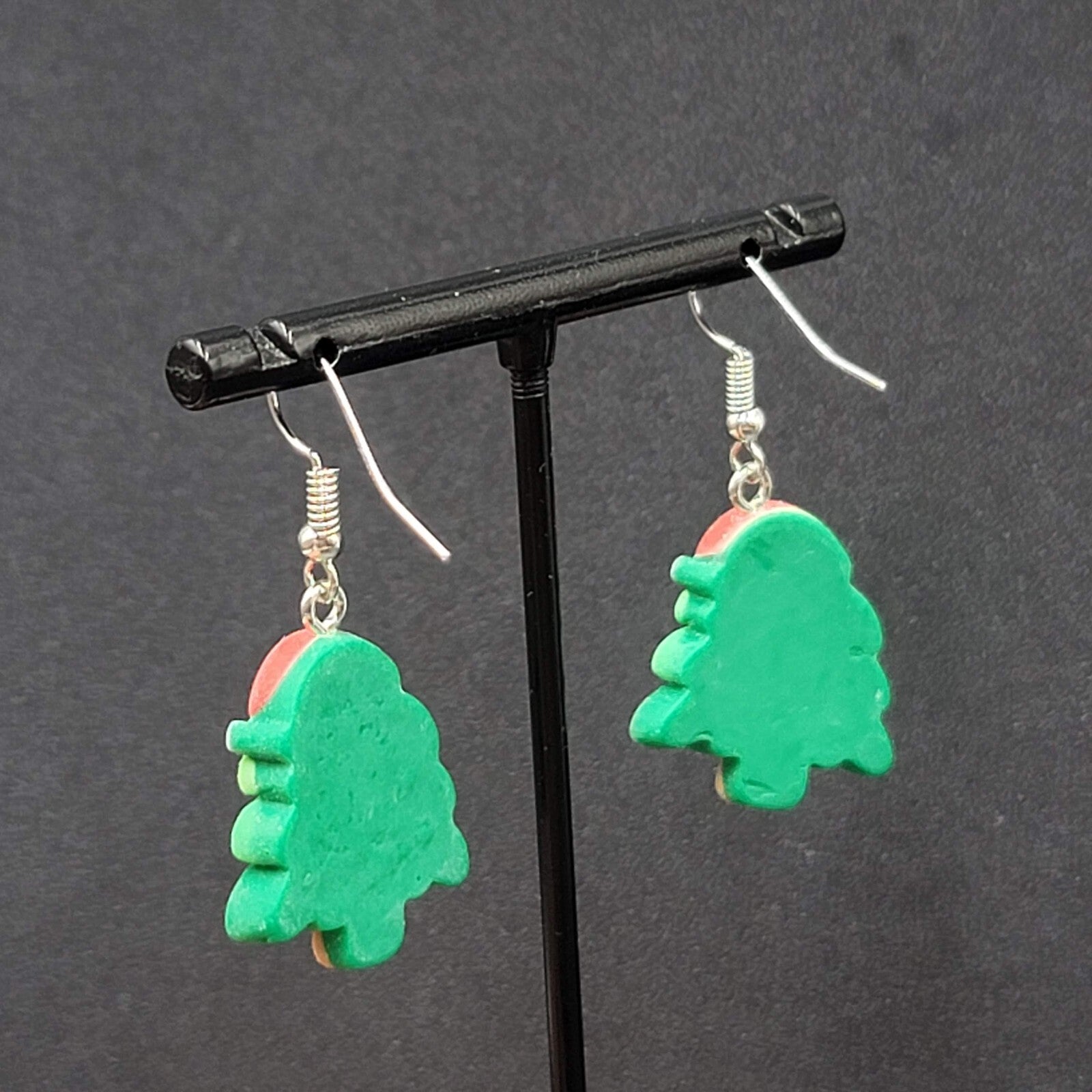 Christmas Tree Pierced Earrings Puffy 3D Dangle 1 1/8"