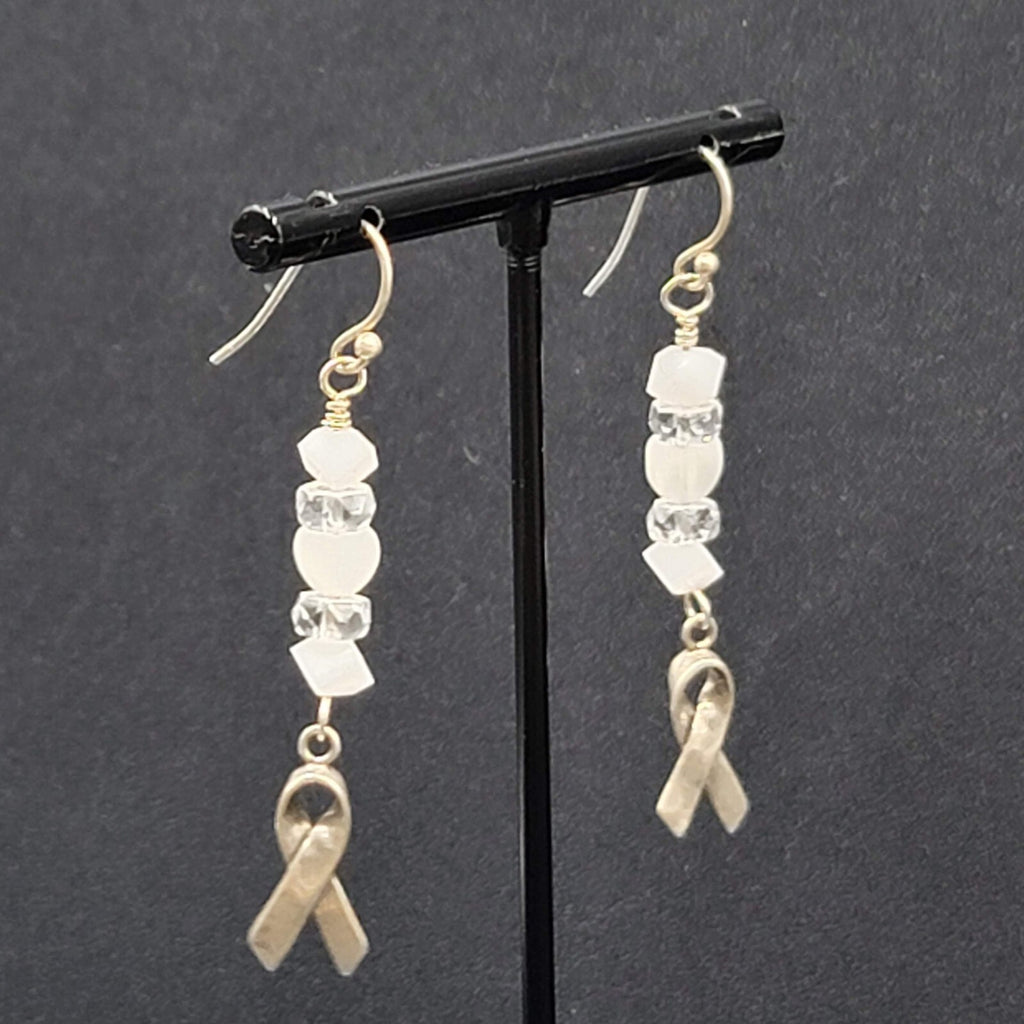 Sterling Silver Pierced Earrings 925 Beaded Awareness Ribbon 1.75" 