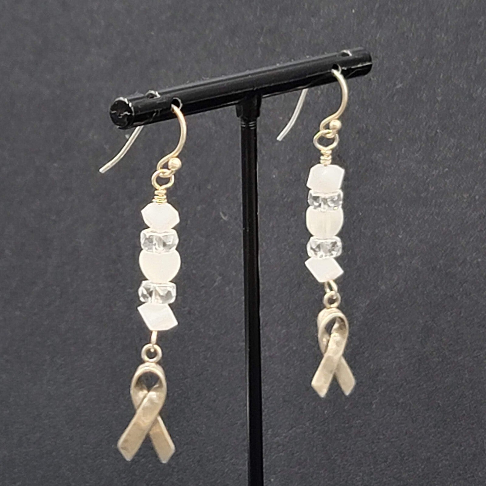 Sterling Silver Pierced Earrings 925 Beaded Awareness Ribbon 1.75" 