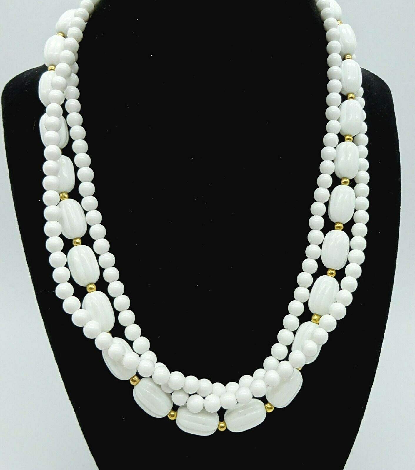 Vintage Necklace White & Gold Bead Triple Strand Estate Costume Jewelry 18"