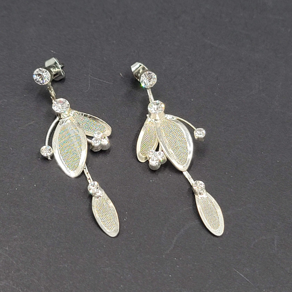 Mesh Rhinestone Pierced Earrings Silver tone Dangle  2 1/8"