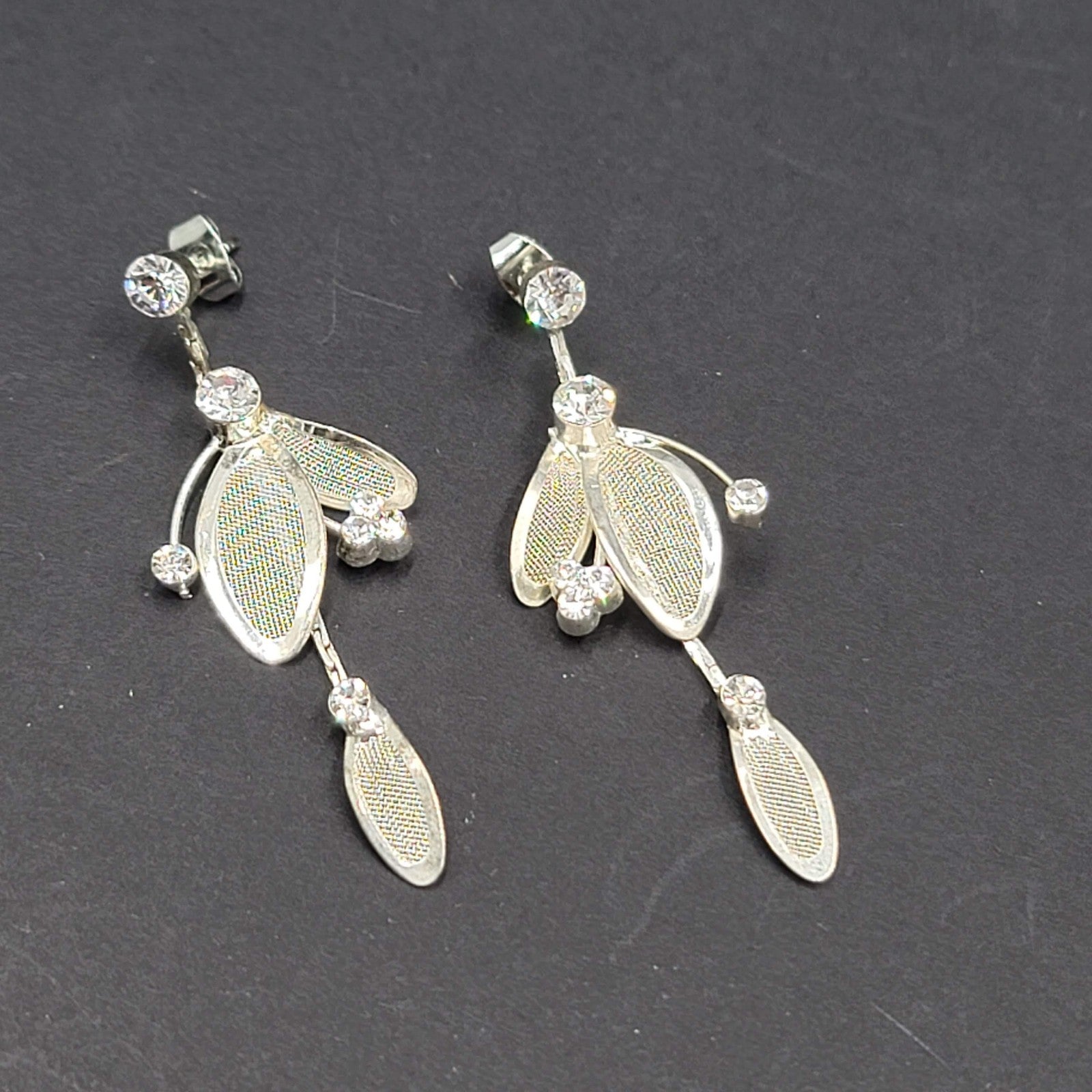 Mesh Rhinestone Pierced Earrings Silver tone Dangle  2 1/8"
