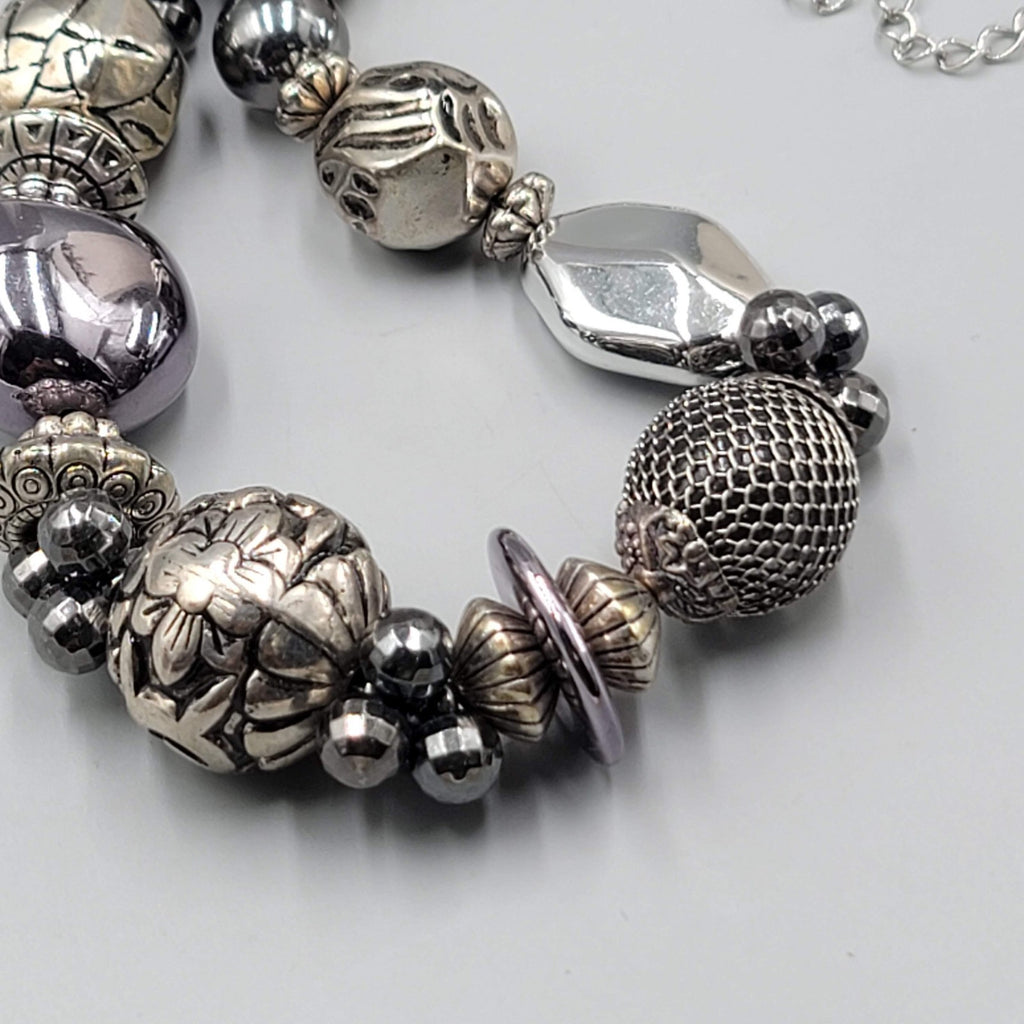 Large Statement Bead Necklace Silver toen Gray Black 16"-20"