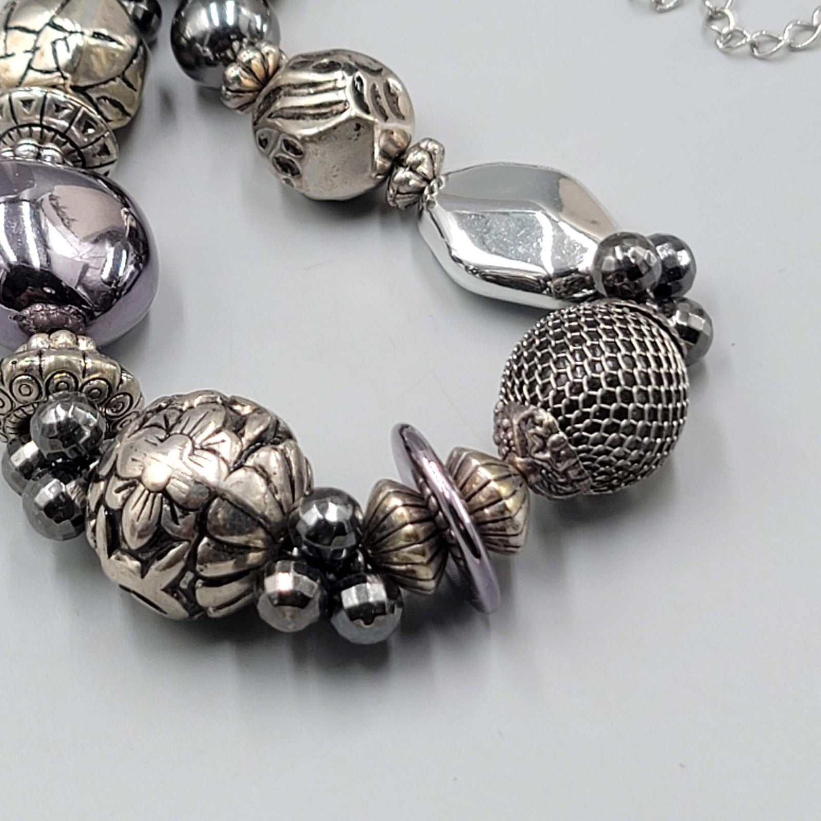 Large Statement Bead Necklace Silver toen Gray Black 16"-20"