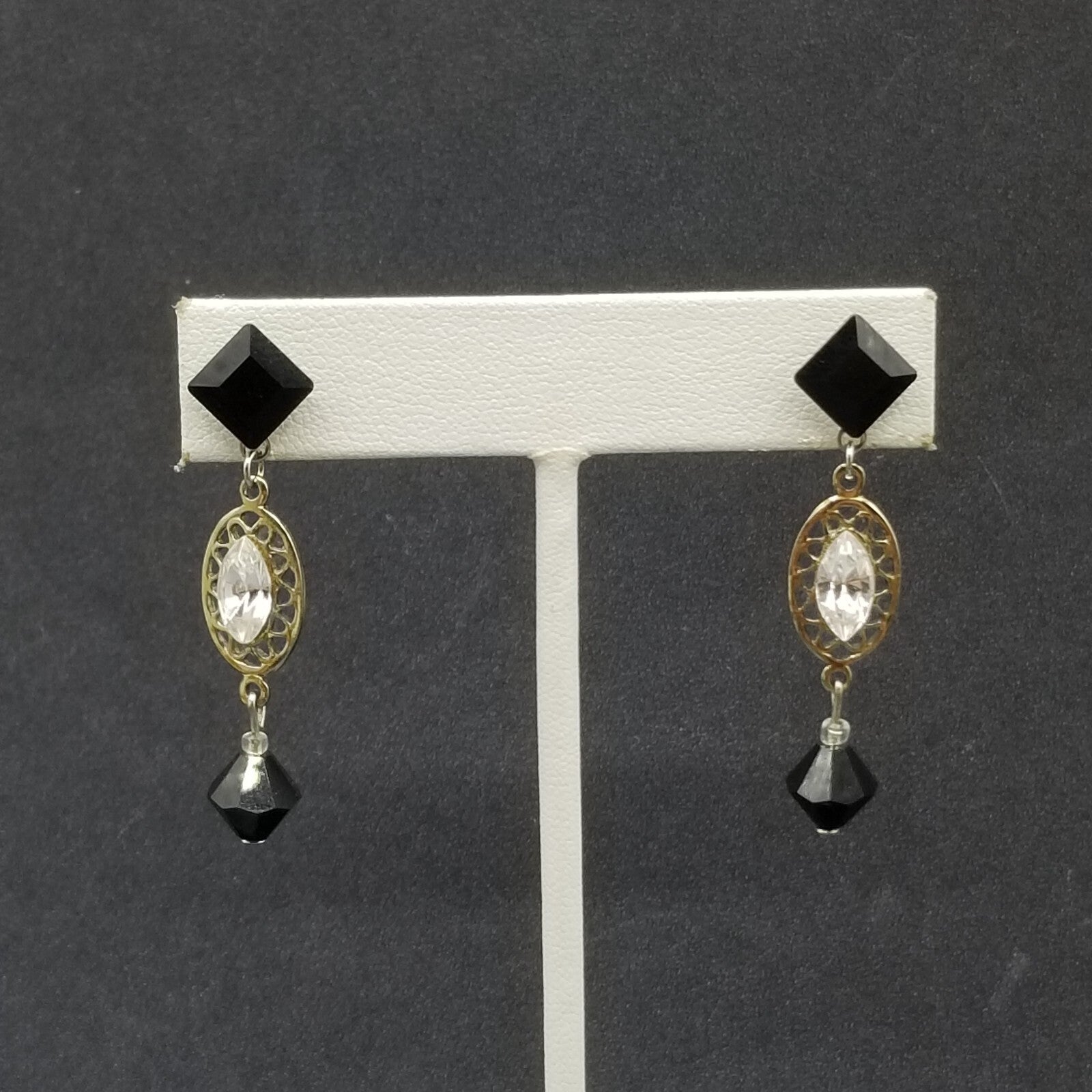 Pierced Earrings Silver tone Open Work Black Clear Faceted Crystal Dangle 1 3/4"