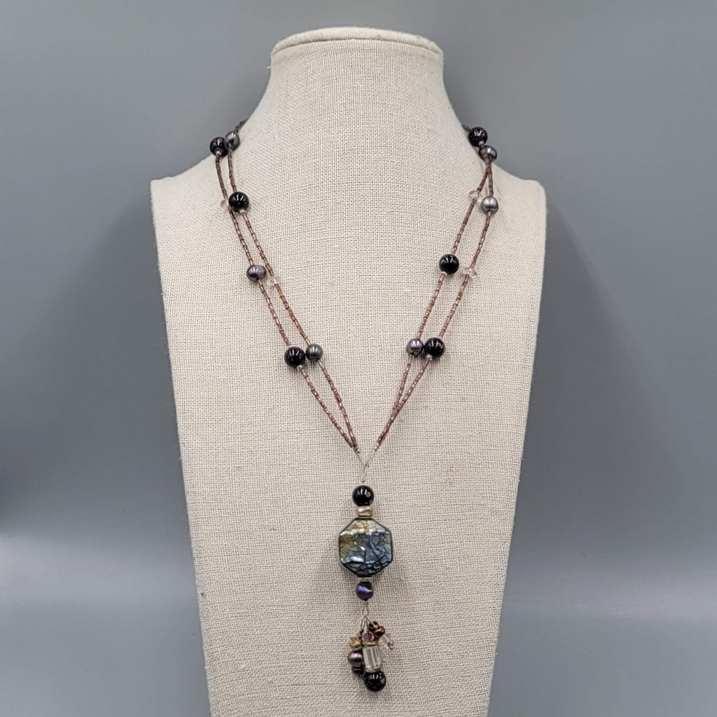 Artisan Necklace Real Pearl and Glass Beads Shell Mosaic Pendant 18"