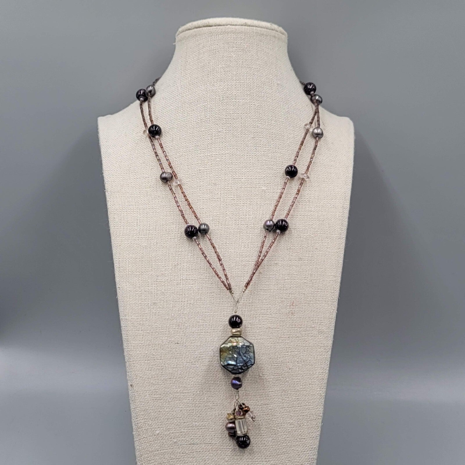 Artisan Necklace Real Pearl and Glass Beads Shell Mosaic Pendant 18"