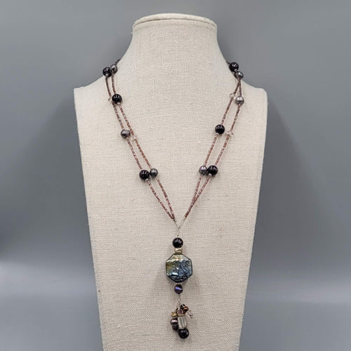 Artisan Necklace Real Pearl and Glass Beads Shell Mosaic Pendant 18"