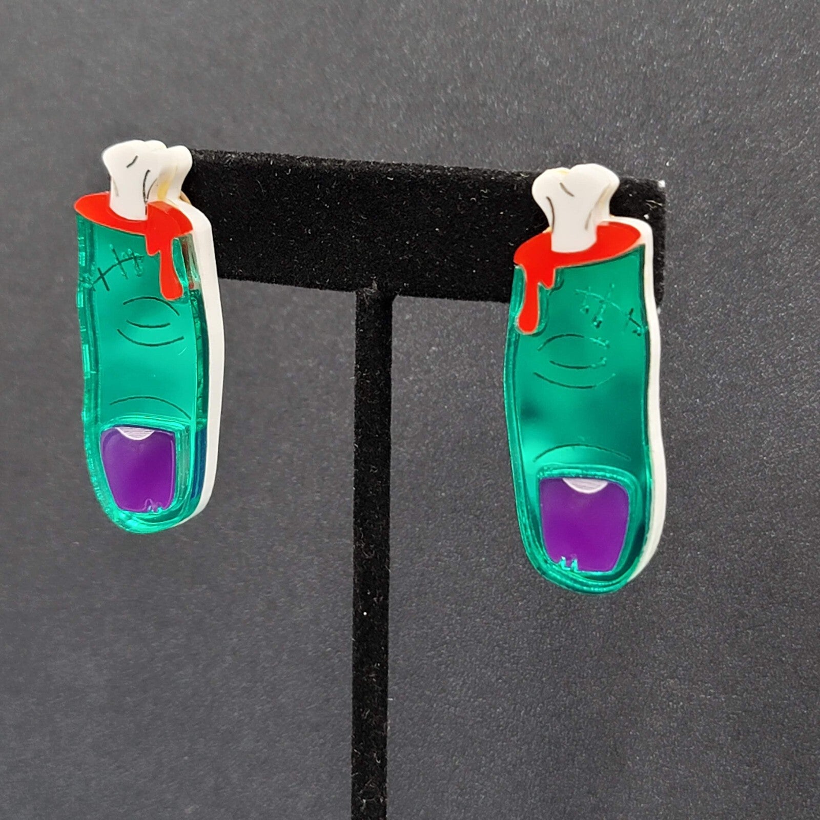 Pierced Earrings Halloween Zombie Finger Drop Acrylic 1.75"