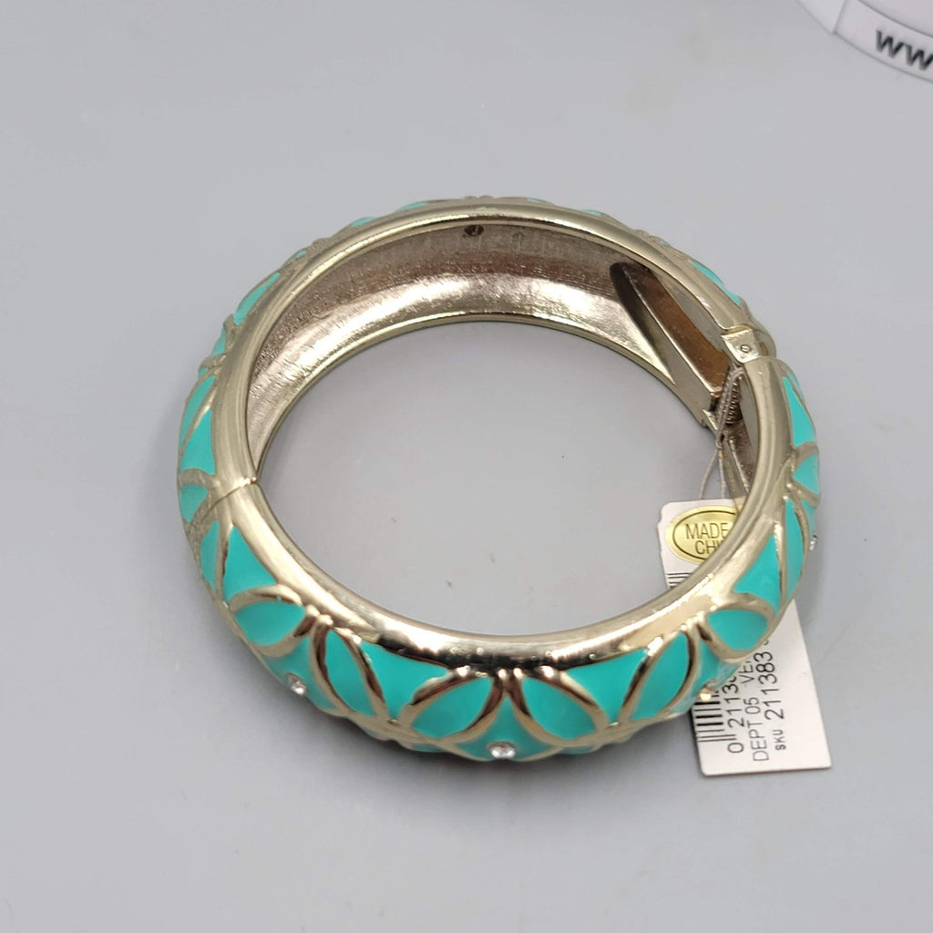 Dress Barn Bracelet NWT Teal Enamel Crystal Hinged Bangle Gold tone 7 in