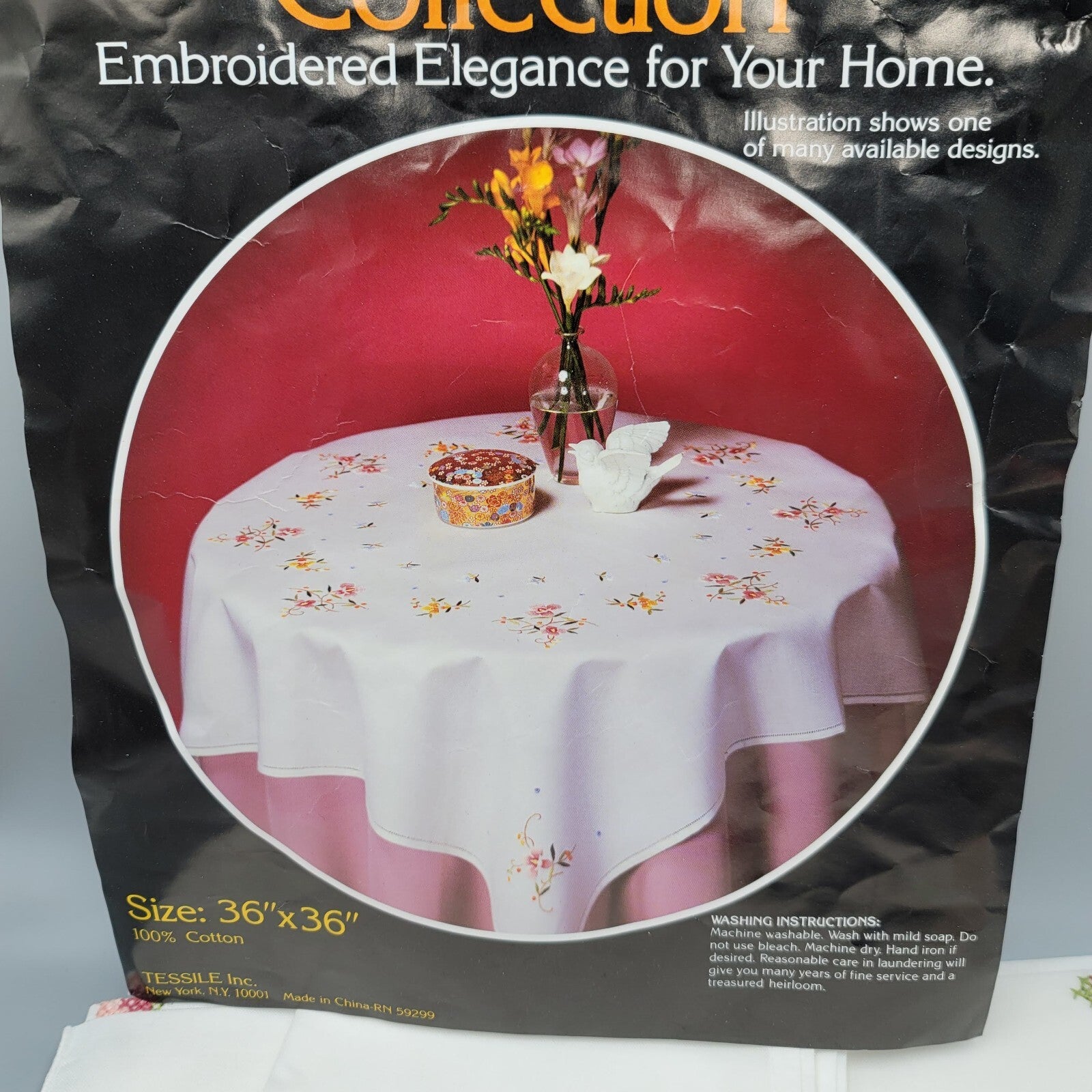 Vintage Table Topper Tablecloth Floral Embroidered & Matching Napkins NOS