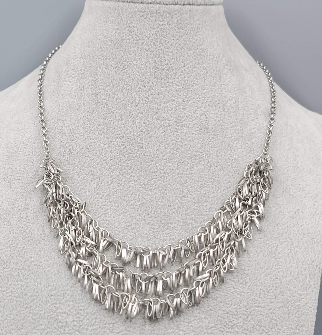Silver tone Fringe Layered Metal Chain Necklace Unique 18"-20"