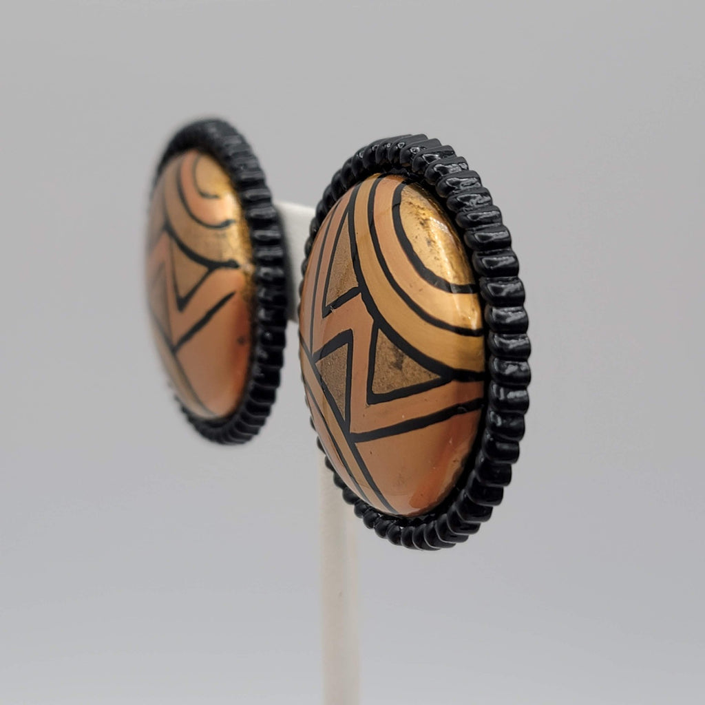 Vintage Clip on Earrings Round Hand Painted Black Gold tone Statement 1.5 in