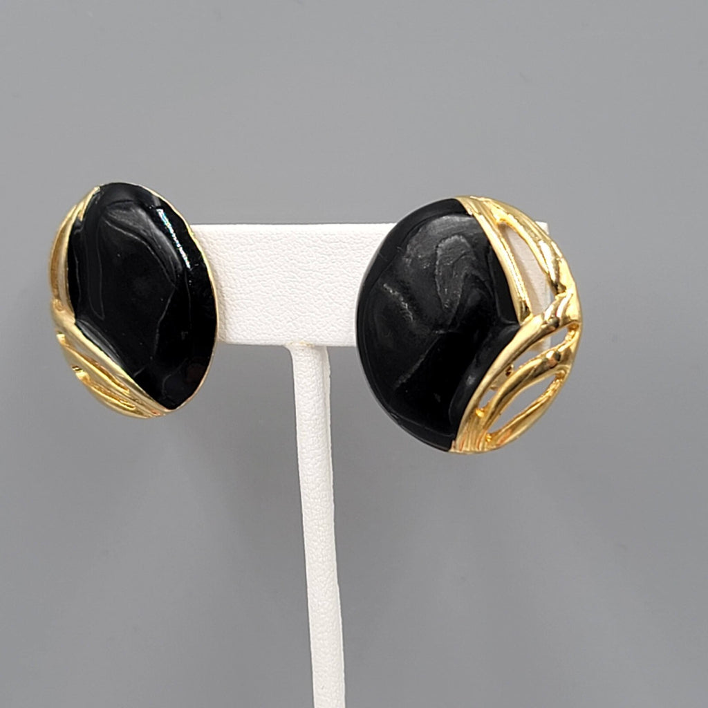 Vintage Clip on Earrings Gold tone Black Enamel Statement Drop 1 1/8"