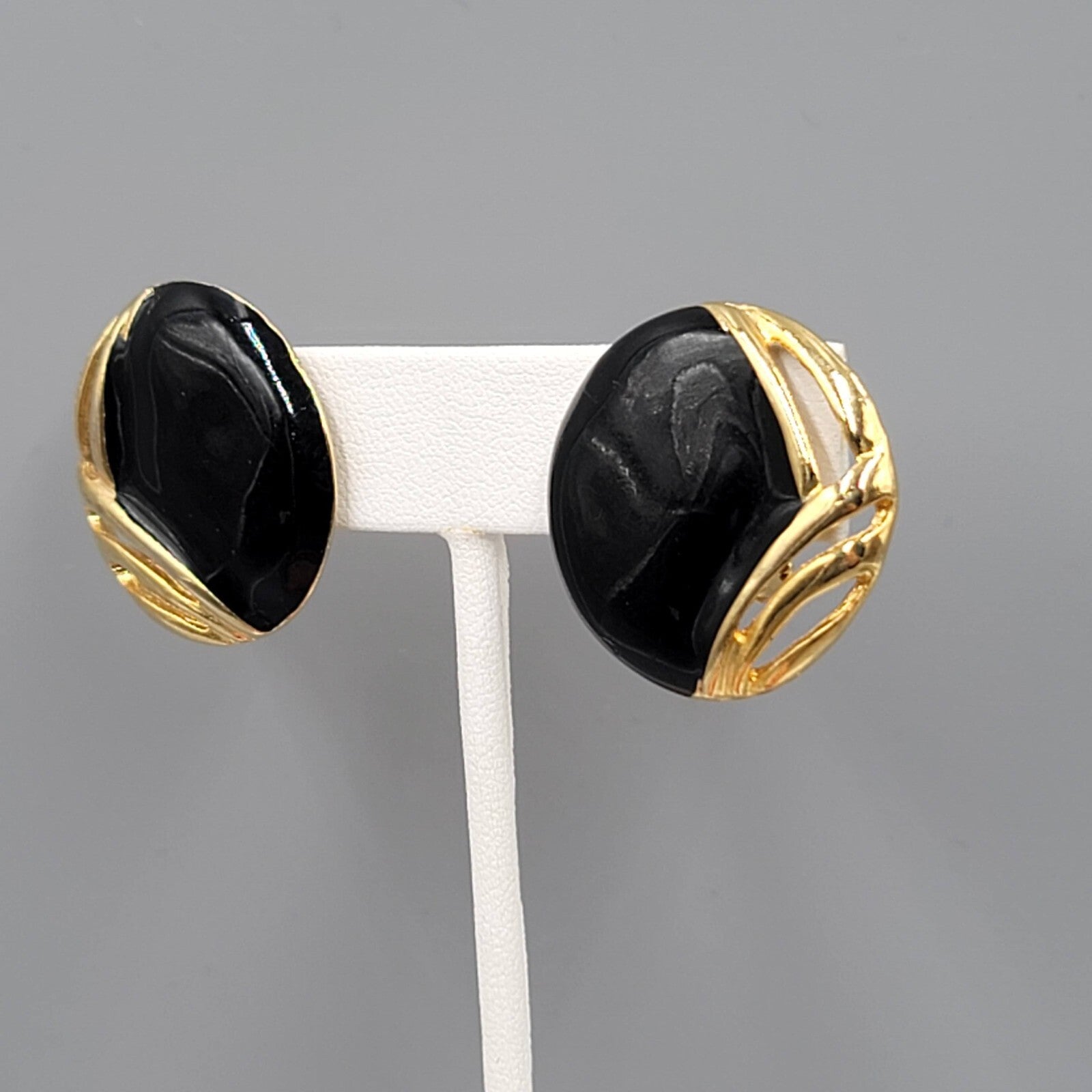Vintage Clip on Earrings Gold tone Black Enamel Statement Drop 1 1/8"
