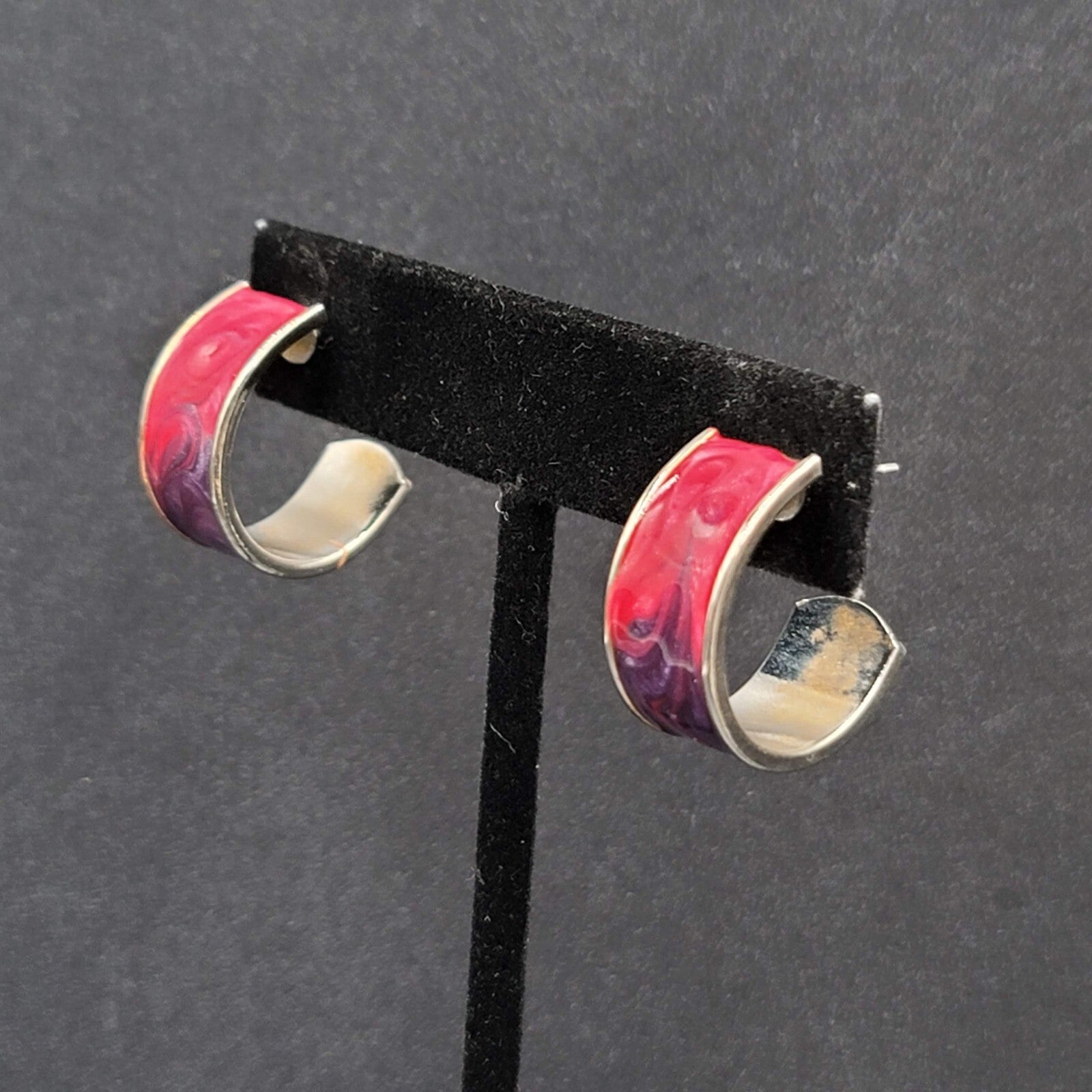 Vintage Pierced Earrings Silver tone Pink Purple Enamel Wide Hoops 3/4"