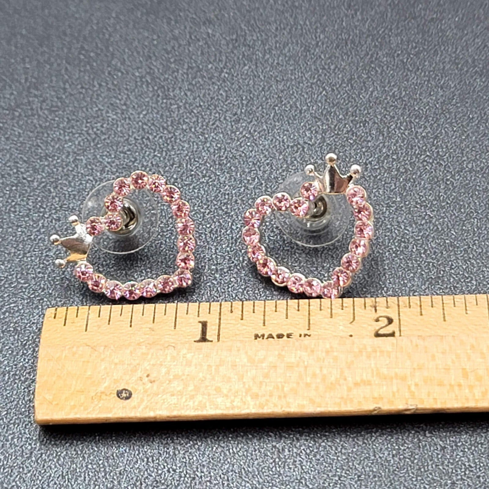 Heart Pierced Earrings Silver tone Crown Pink Crystal Studs 3/4"