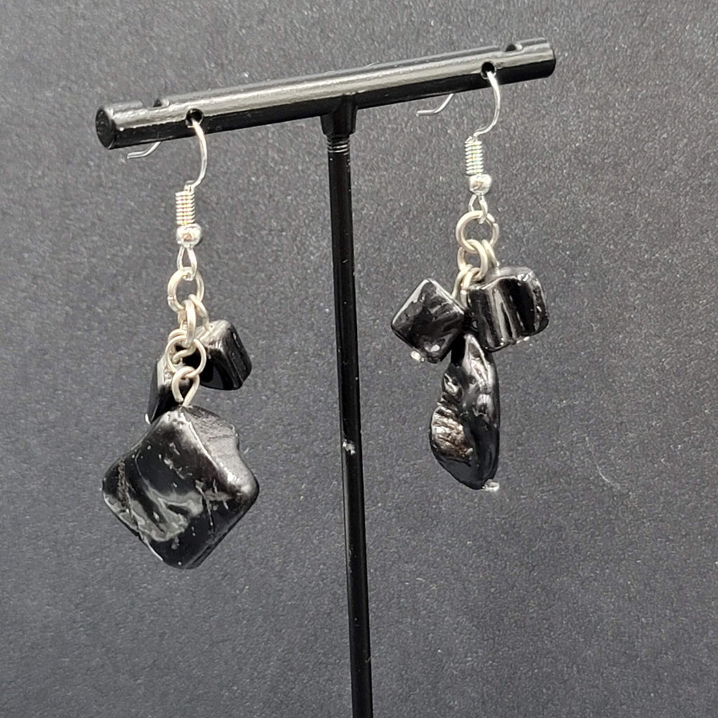 Pierced Earrings Silver tone Black Shell Dangle 1.5"