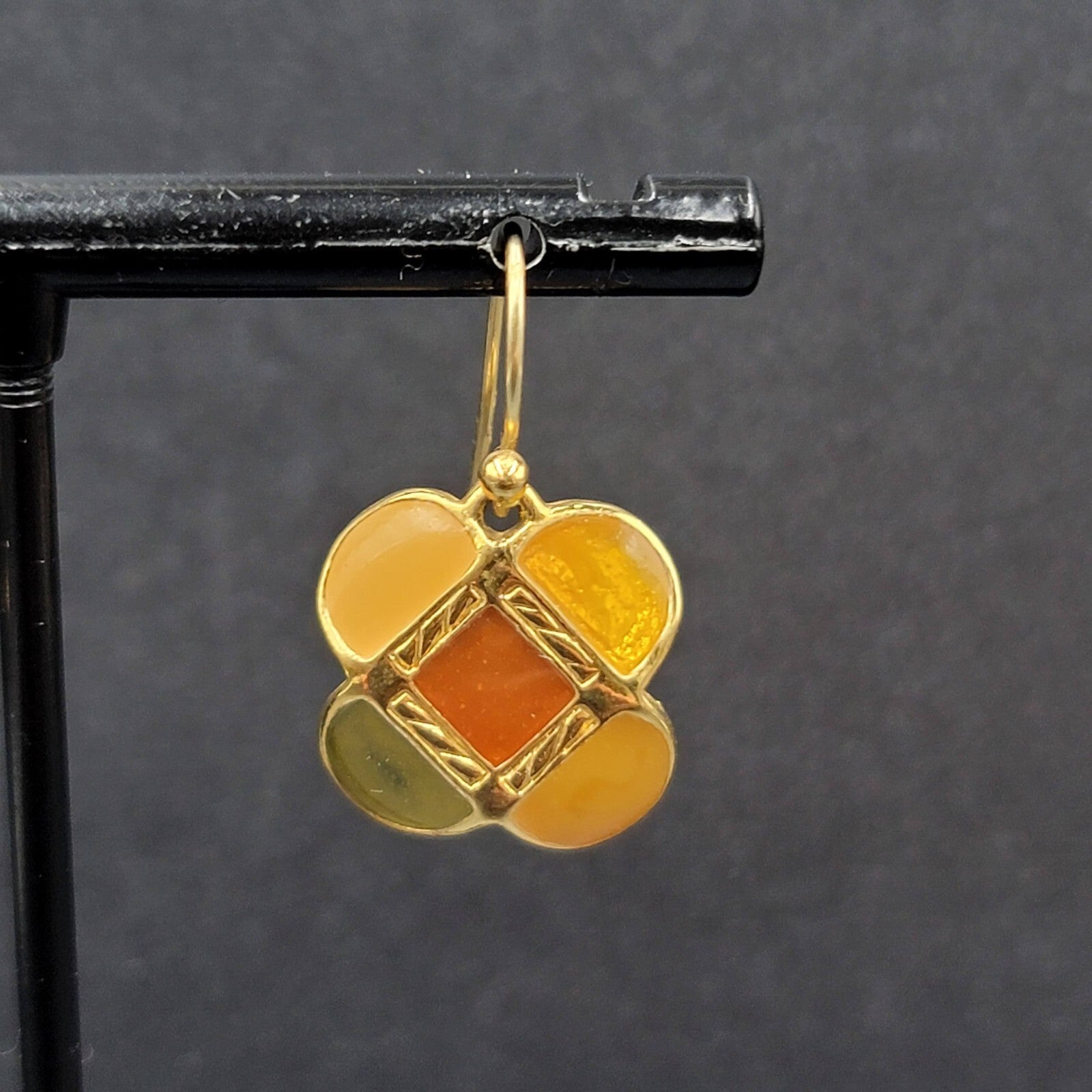 Ann Klein Pierced Earrings Gold Plated Orange Green Enamel Dangle 5/8"