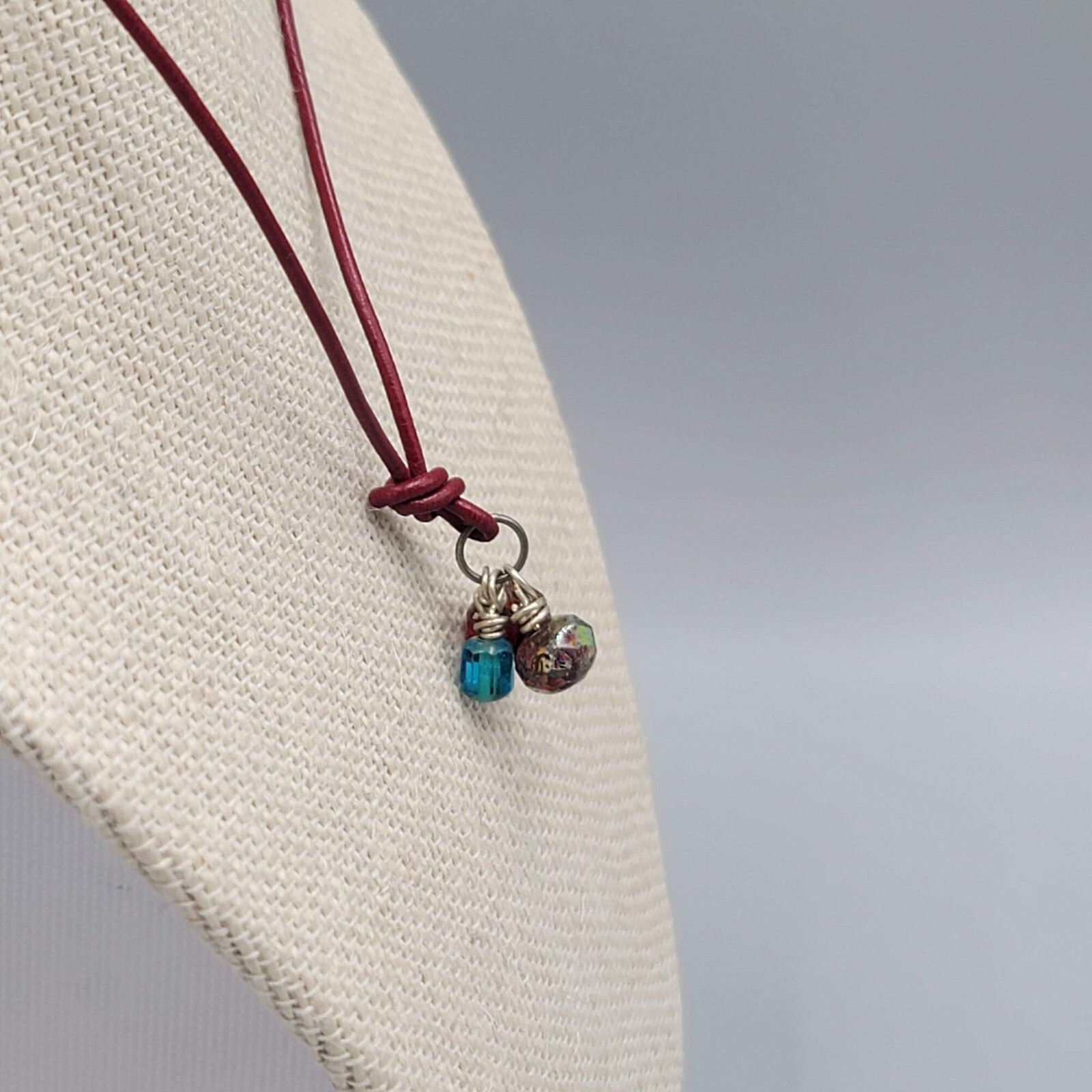 Multicolor Faceted Glass Bead Necklace Sterling Silver Red Leather Cord 16"