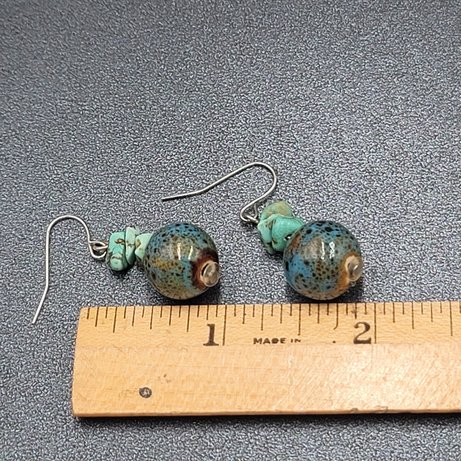 Pierced Earrings Silver tone Turquoise Bead Pottery Bead Dangle  1"