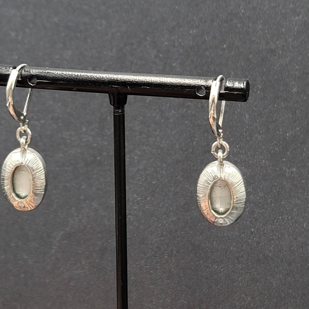 Pierced Earrings Silver tone Faceted Oval Glass Signed Dangle 3/4"
