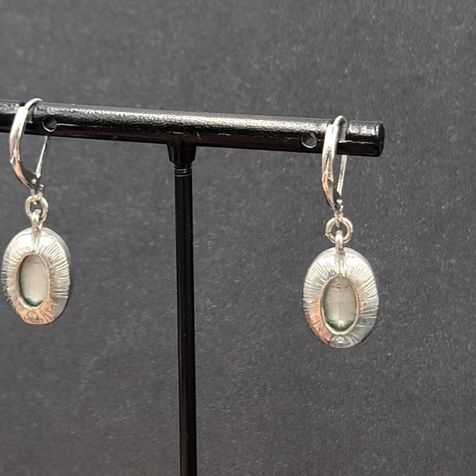 Pierced Earrings Silver tone Faceted Oval Glass Signed Dangle 3/4"