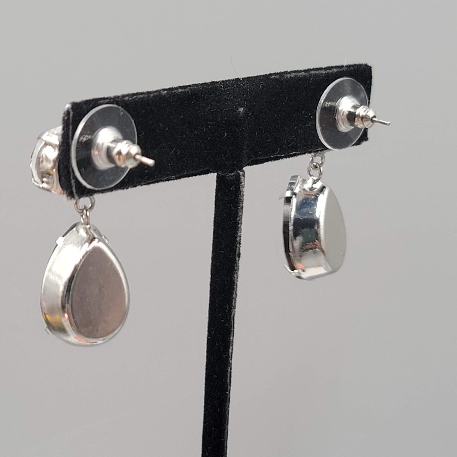 Purple Rhinestone Pierced Earrings Silve rtone Dangle Teardrop 1 1/8"