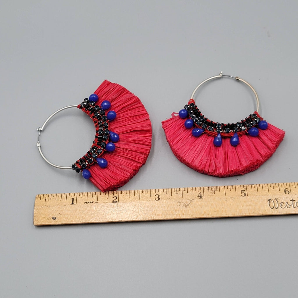 Large Statement Red Rattan Pierced Earrings Purple Bead Hoops 3"