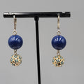 Blue Rhinestone Bead Pierced Earrings Dangle 1 3/8"