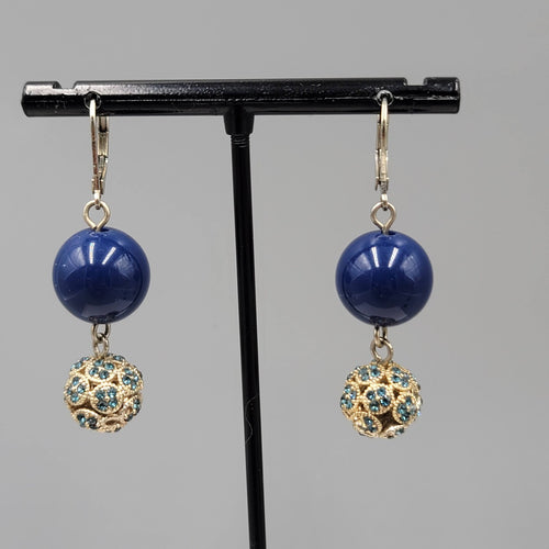 Blue Rhinestone Bead Pierced Earrings Dangle 1 3/8"