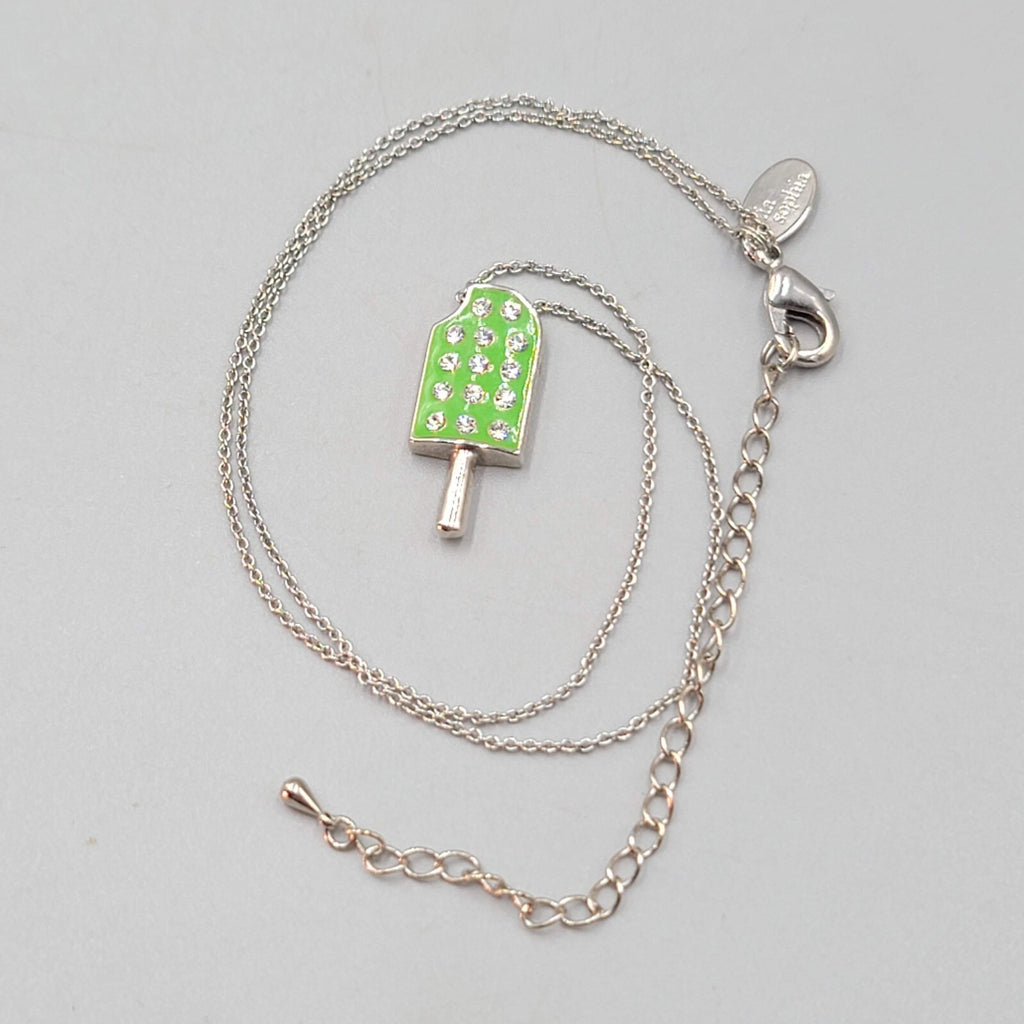 Lia Sophia Popsicle Pendant Necklace Green Enamel Crystal Silver tone 18"