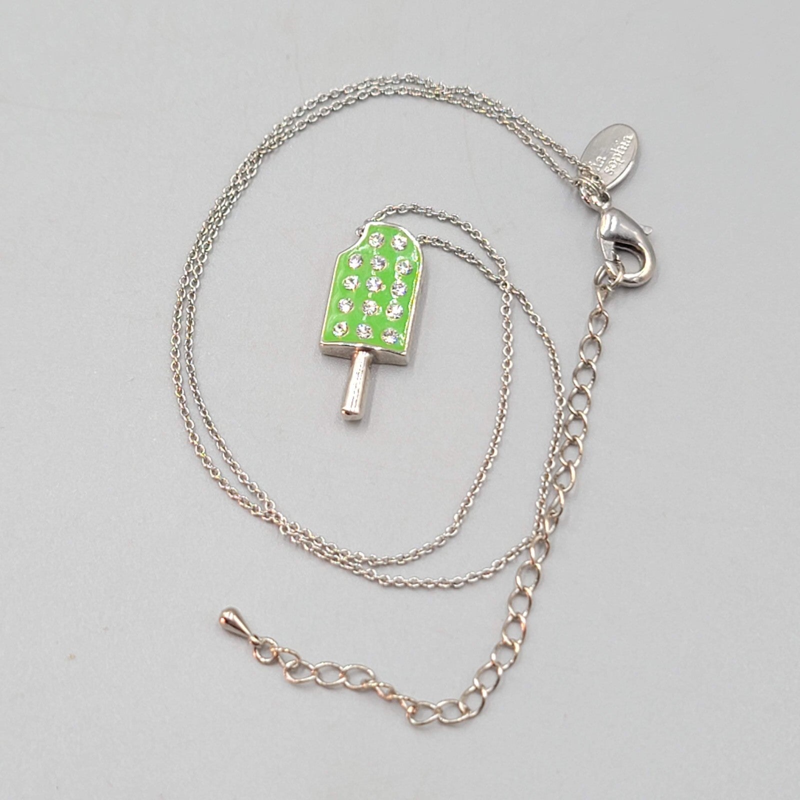 Lia Sophia Popsicle Pendant Necklace Green Enamel Crystal Silver tone 18"