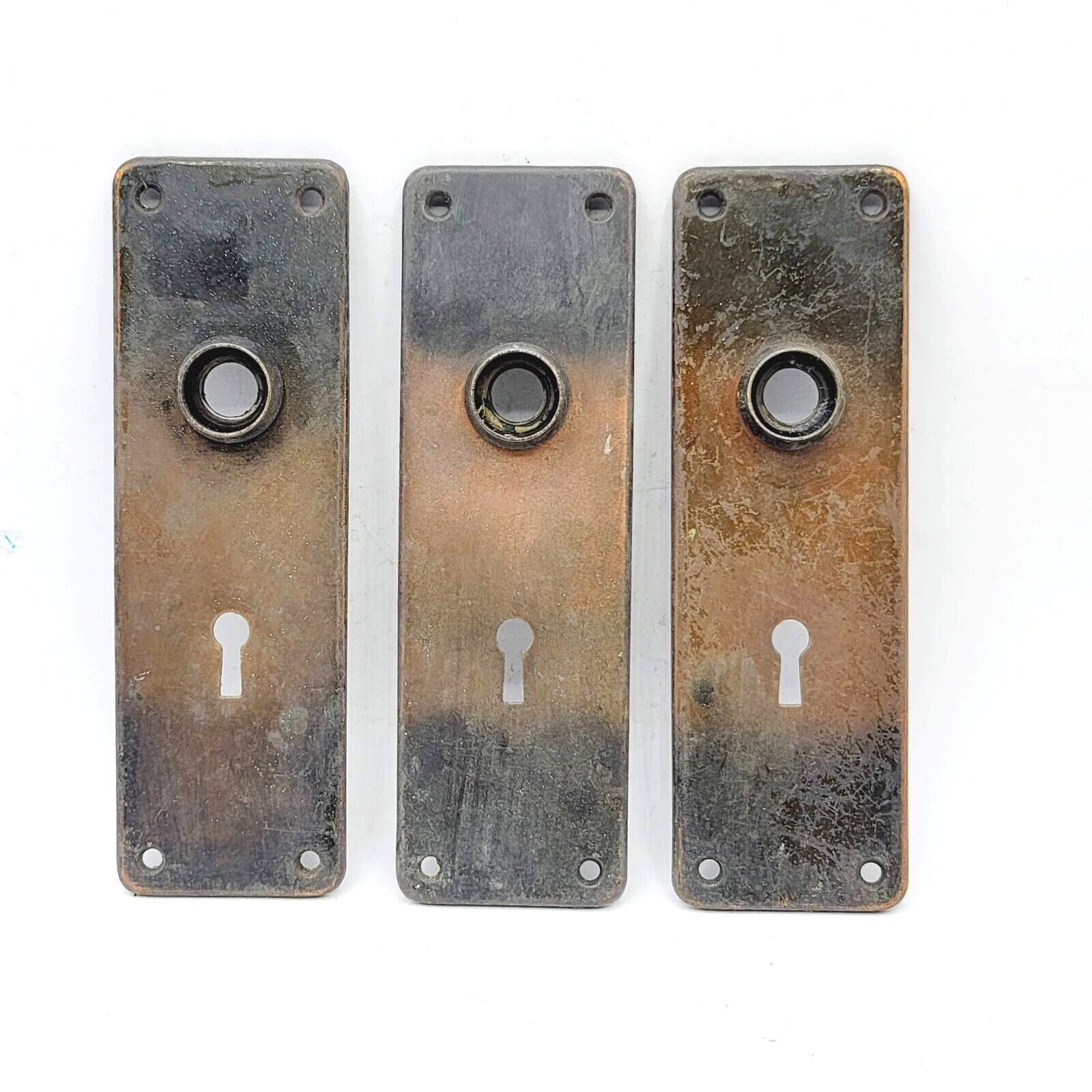 Lot of 3 Vintage Steel Doorknob Back Plate 6 1/2" x 2" holes 2 3/8"