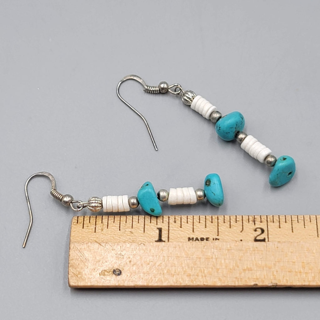 Sterling Silver Pierced Earrings Turquoise Nugget Bead Shell Heishi  1.5" 925