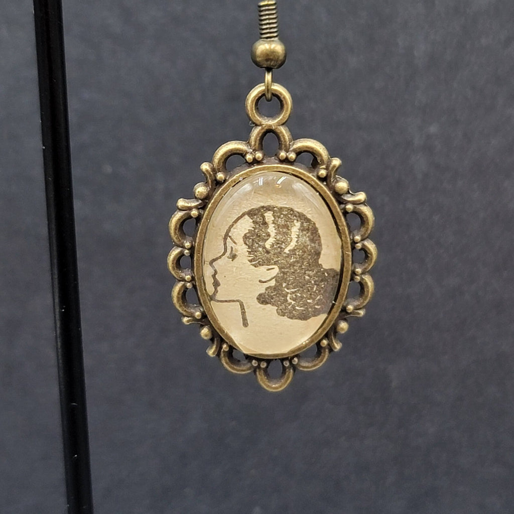Pierced Earrings Bronze tone Glass Cabochon Updo Ladies Antique Drawings 1.25"