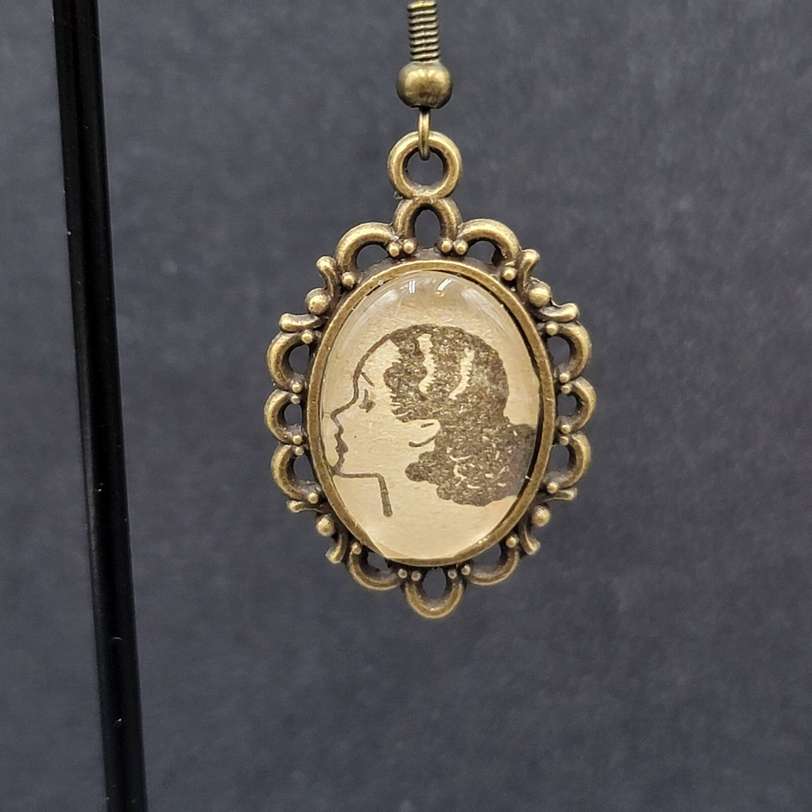 Pierced Earrings Bronze tone Glass Cabochon Updo Ladies Antique Drawings 1.25"