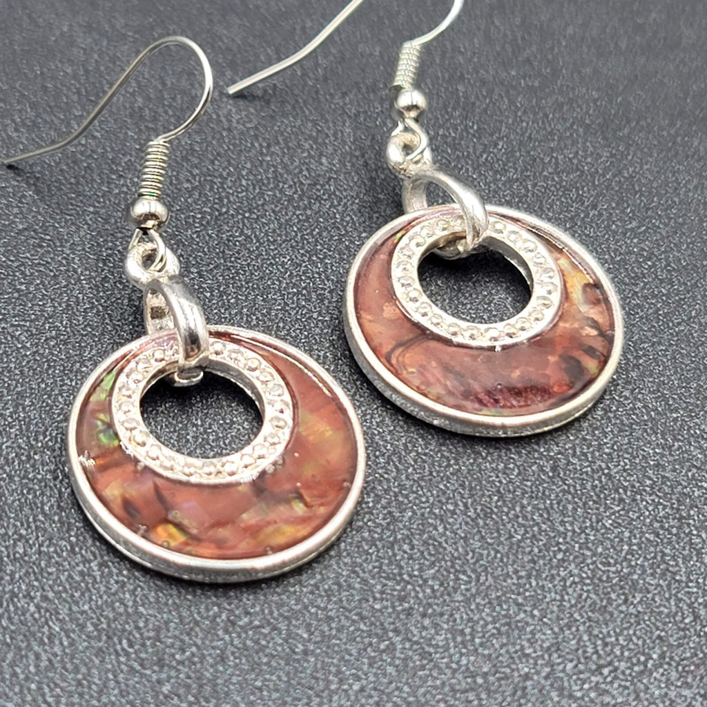 Pierced Earrings Silver tone Faux Abalone Dangle Open Circle 1"