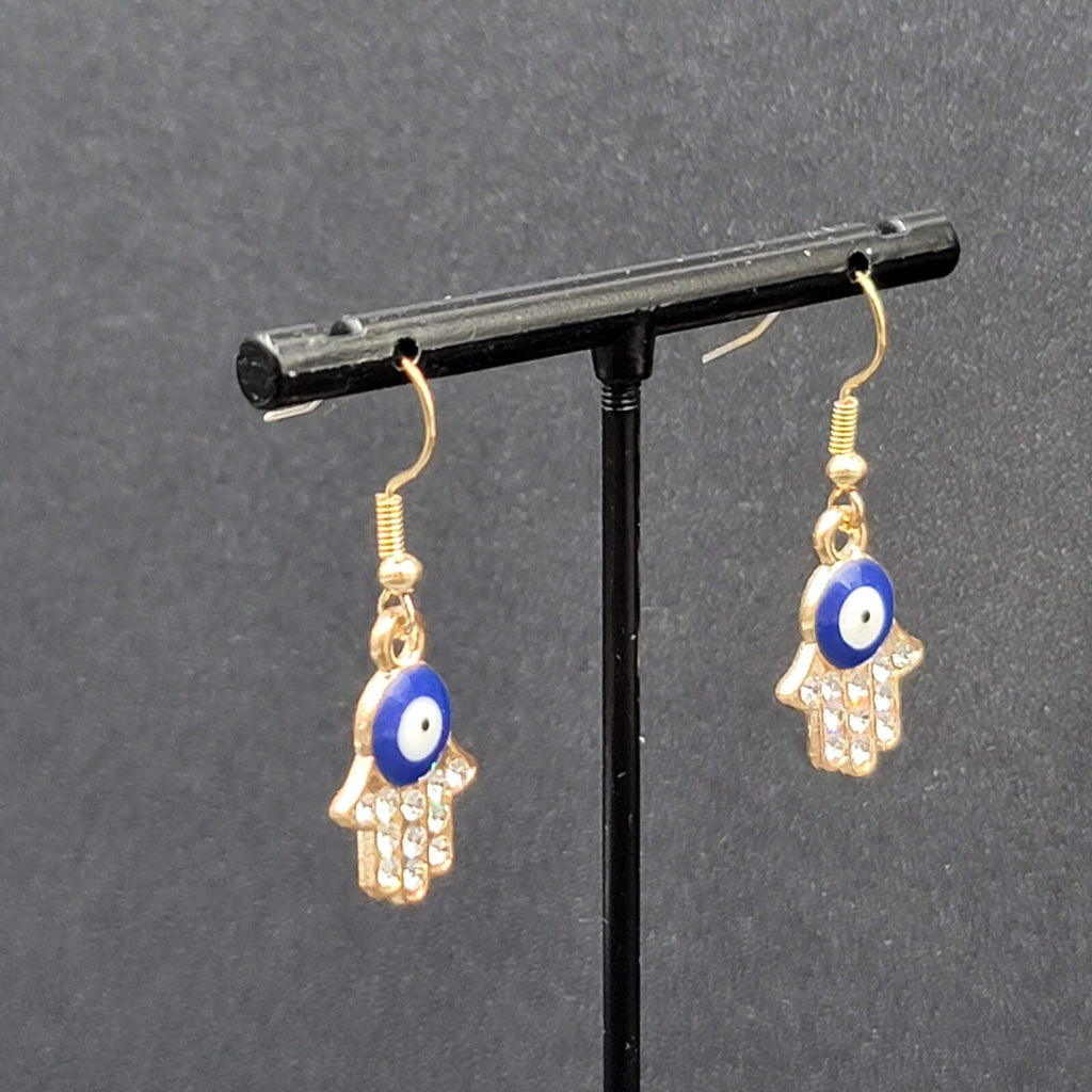 Hamsa Evil Eye Pierced Earrings Gold tone Enamel Rhinestone Dangle 7/8" New