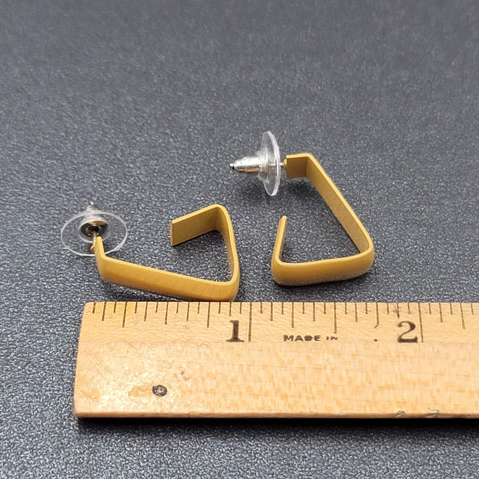1980s Vintage Pierced Earrings Tan Enamel Triangle Hoops Statement 7/8"