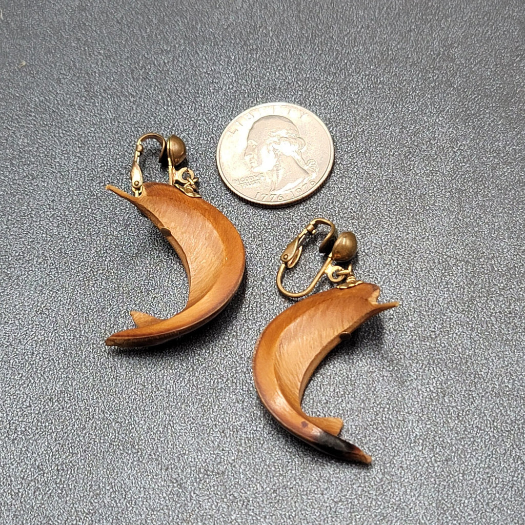Vintage Clip on Earrings Gold tone Carved Dolphin Dangle Rhinestone 1 5/8"