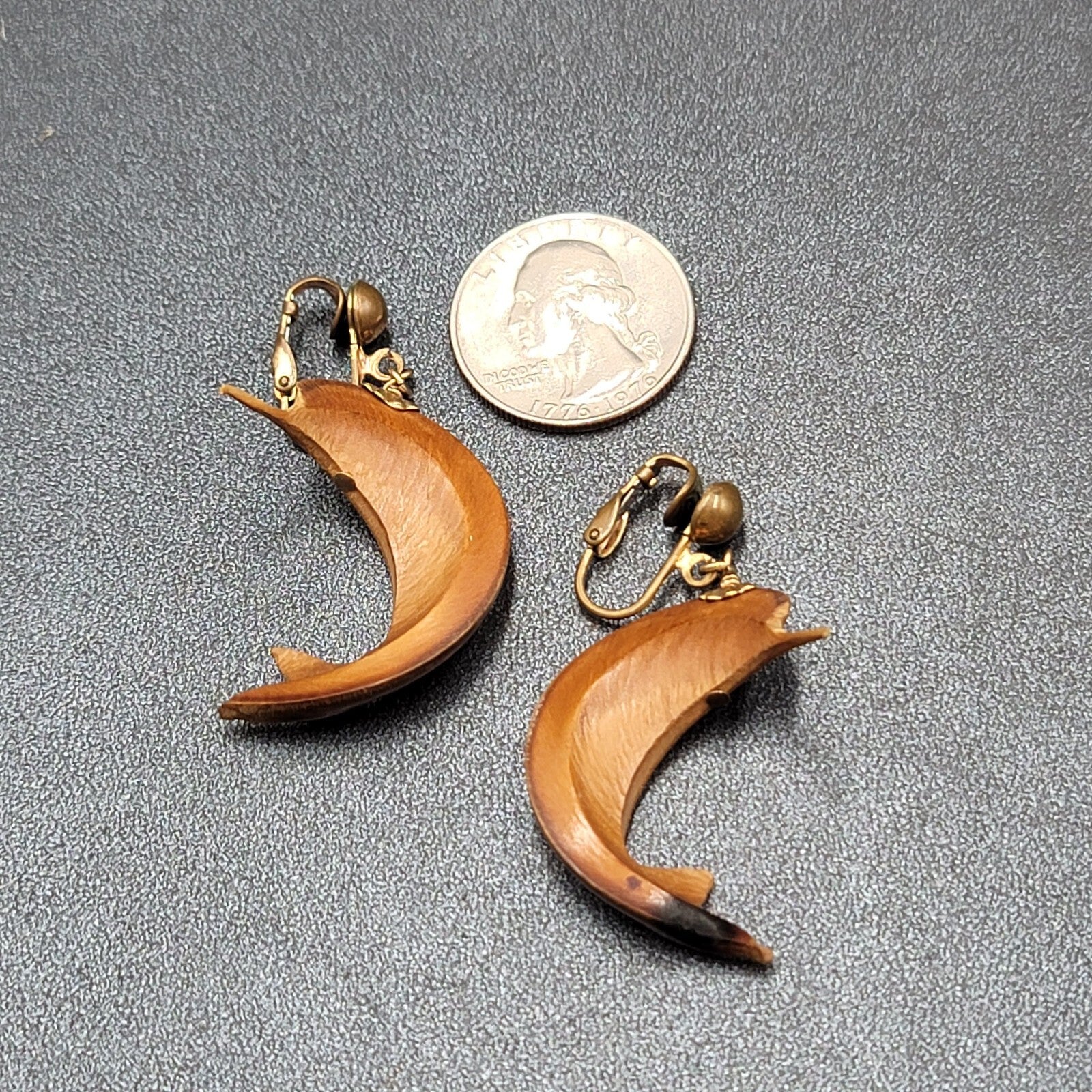 Vintage Clip on Earrings Gold tone Carved Dolphin Dangle Rhinestone 1 5/8"