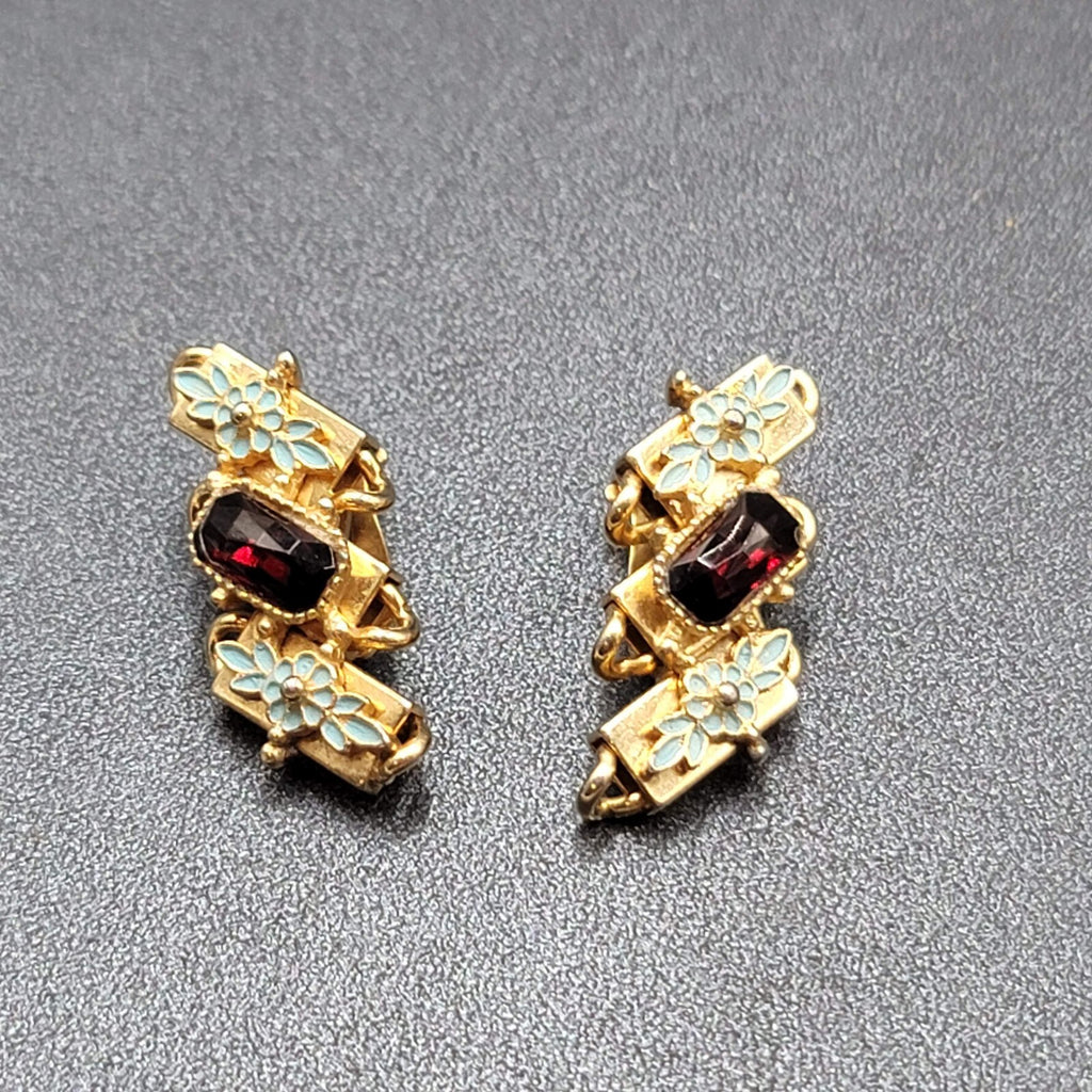 Vintage Clip on Earrings Gold tone Blue Enamel Red Rhinestone Climber 1 3/8"