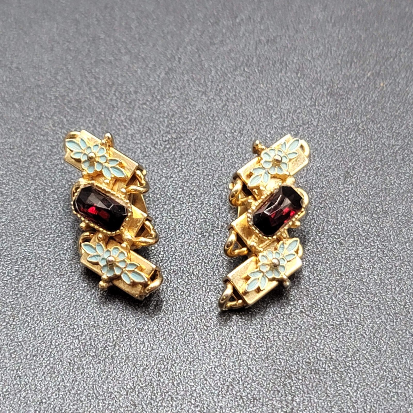 Vintage Clip on Earrings Gold tone Blue Enamel Red Rhinestone Climber 1 3/8"