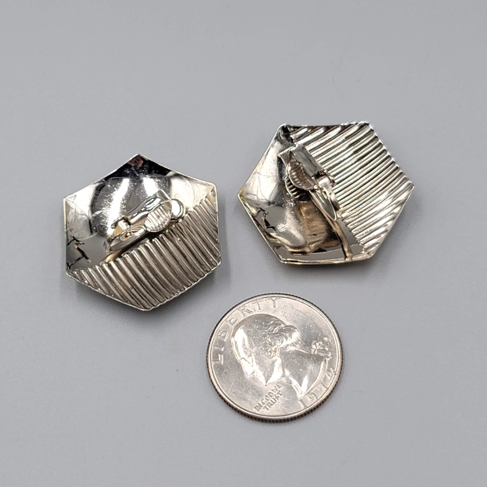 Vintage Clip on Earrings Gold and Silver tone Hexagon 1.25"