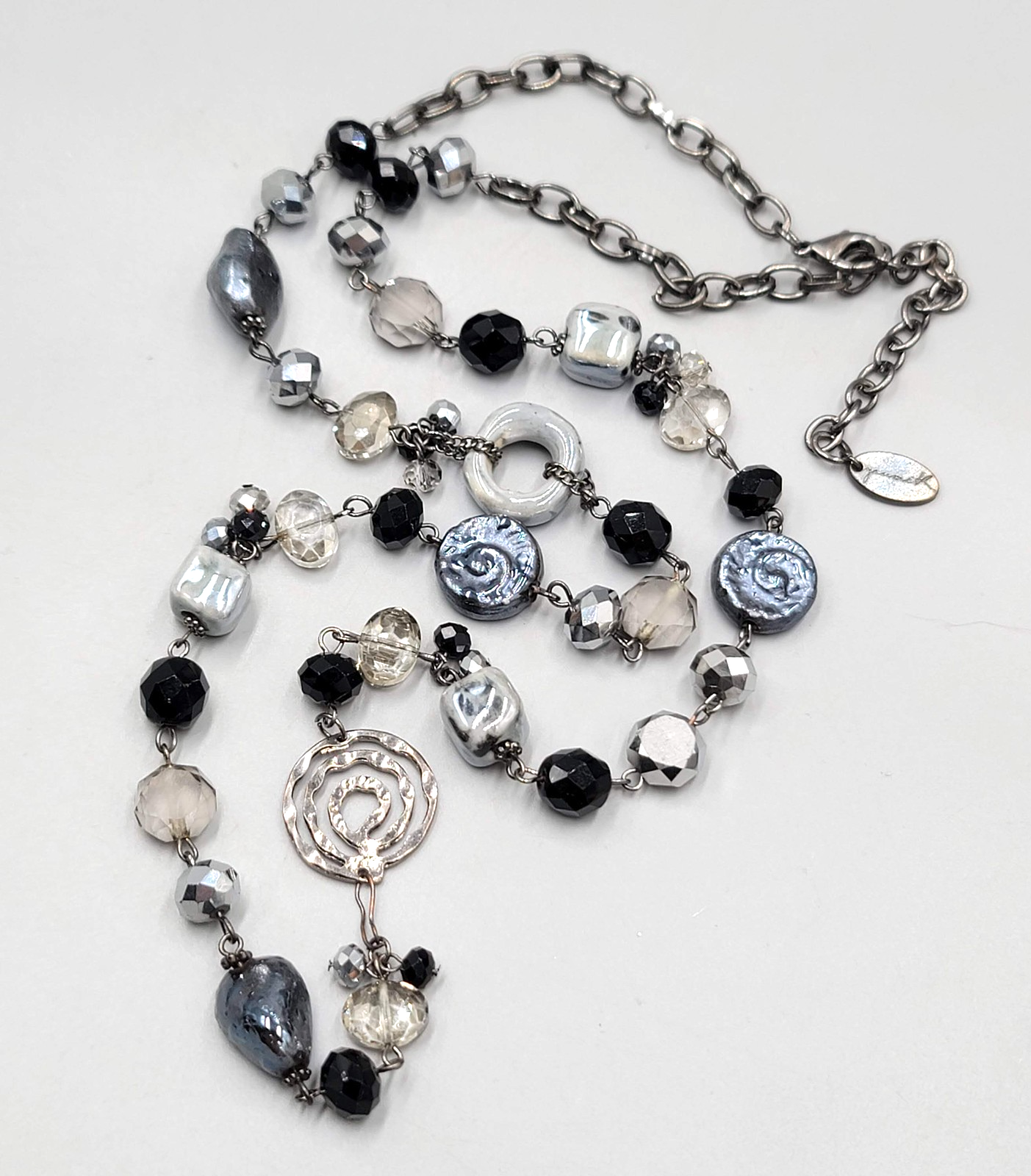 Youmi K Necklace Gunmetal Gray Metal Black Silver tone Beads 32"